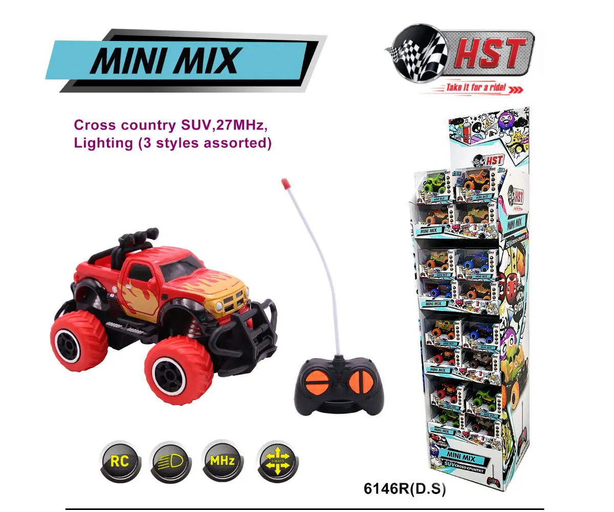Red remote-controlled toy car with packaging.