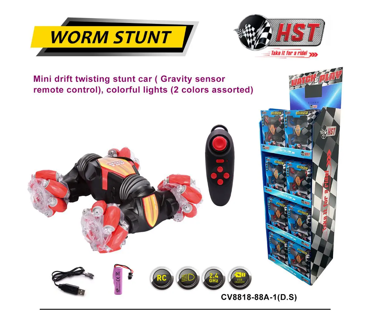 Toy car with remote and packaging display.