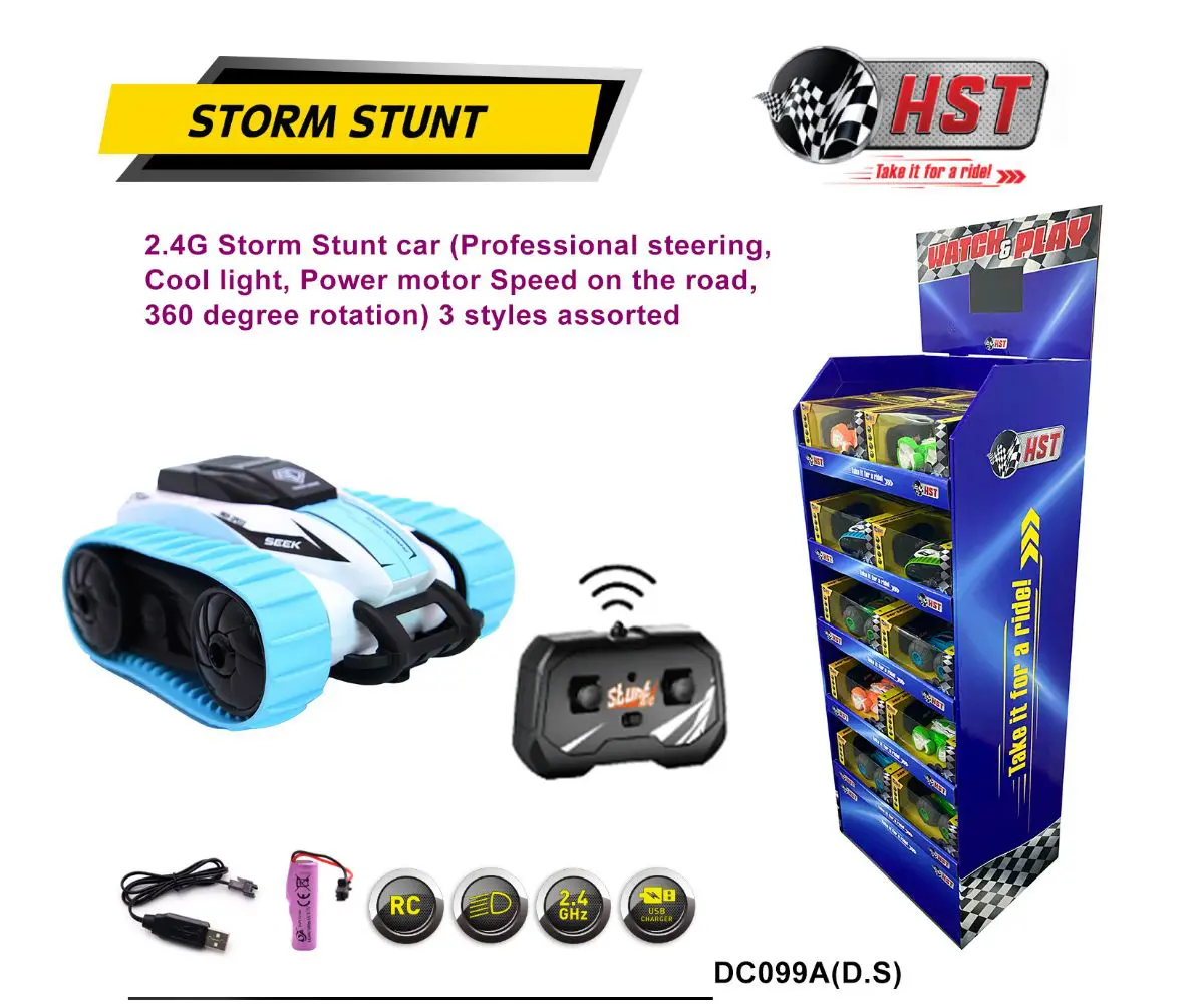 Toy car display with remote and features.