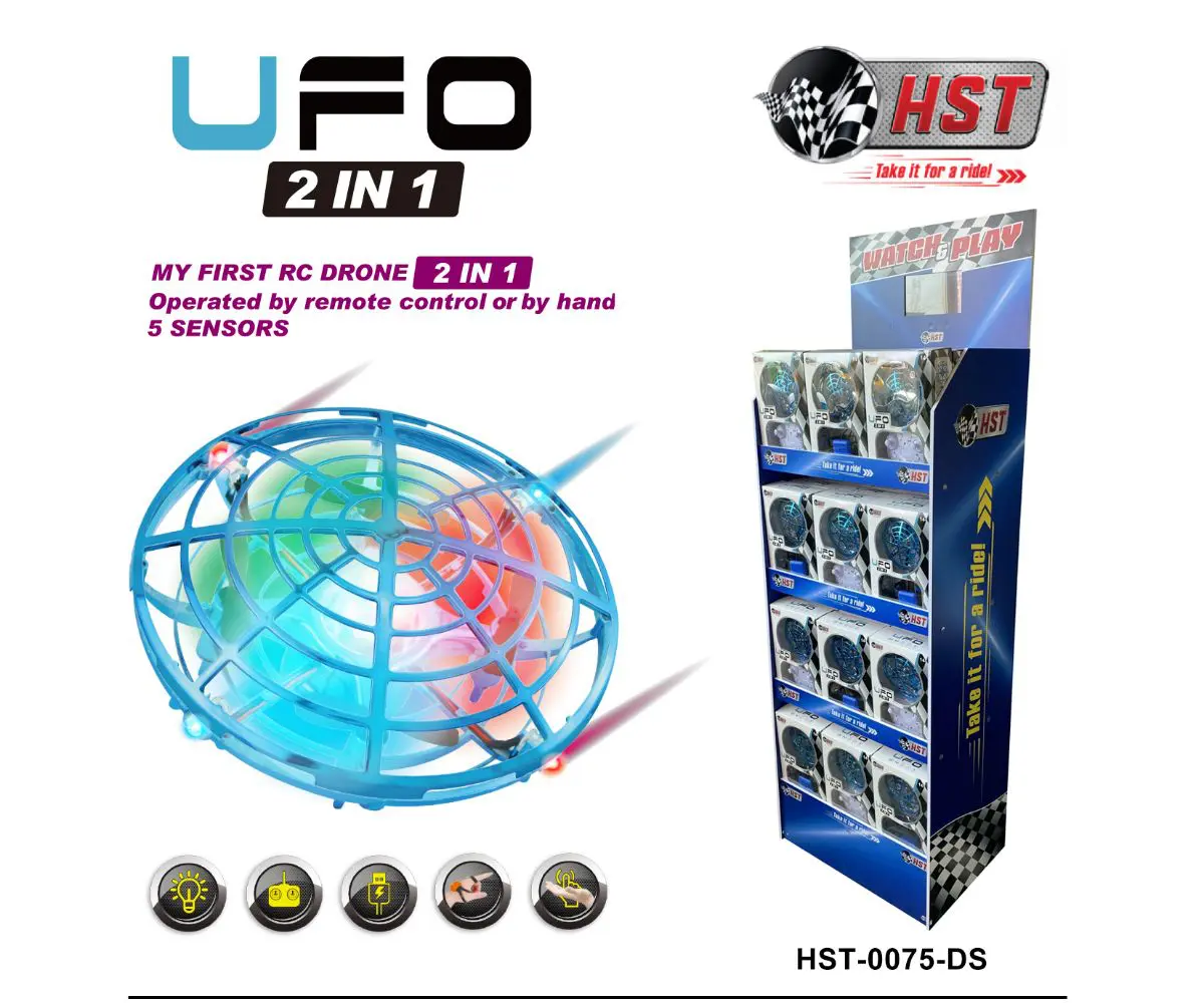 Blue UFO drone with retail display stand.