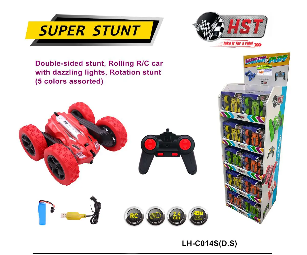 Red remote-controlled stunt car and packaging.