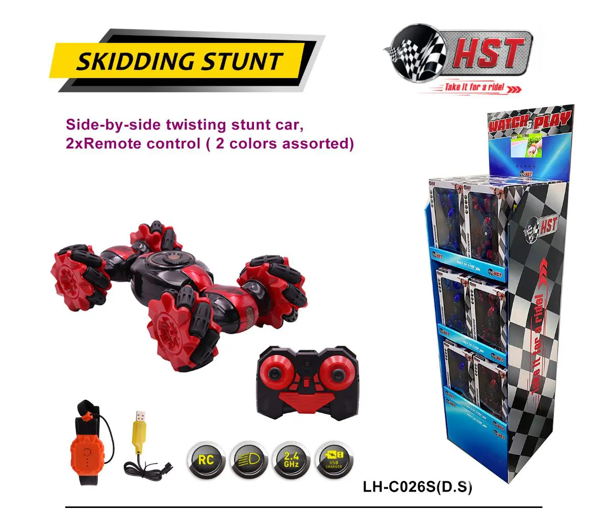 Toy stunt car with remote control display.