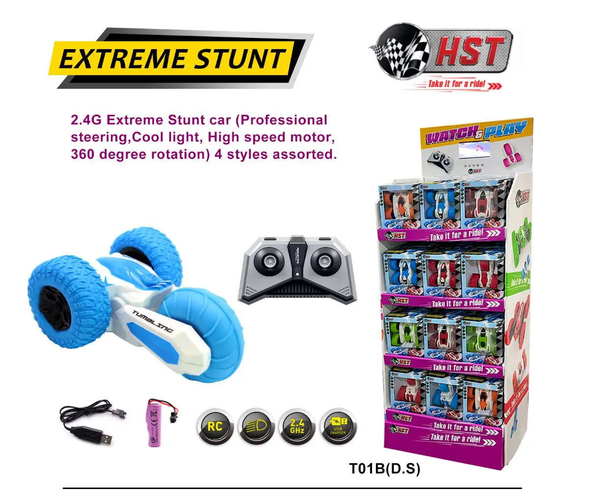 Extreme stunt car toy with accessories display.