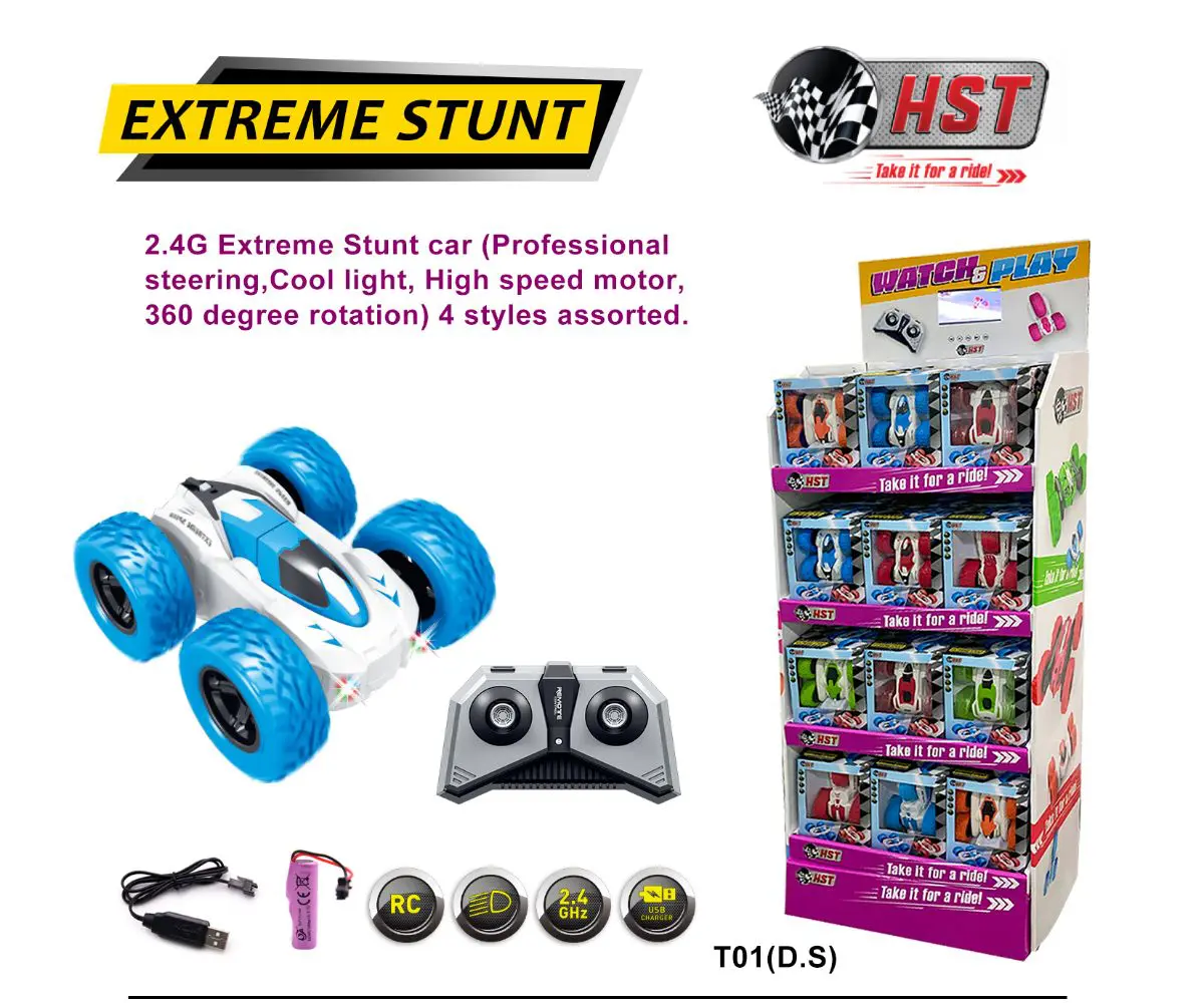 Stunt car display with remote and accessories.