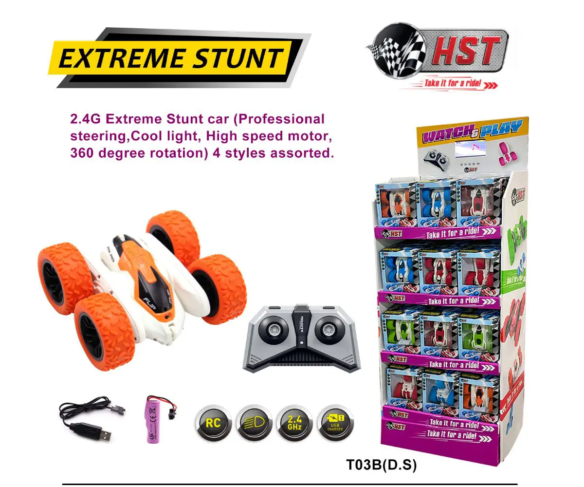 Extreme stunt car with remote control display.