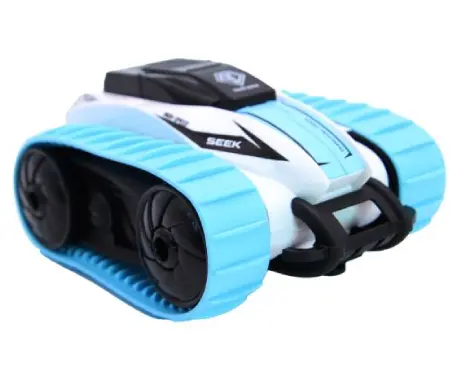 Toy car with blue tracks and wheels.
