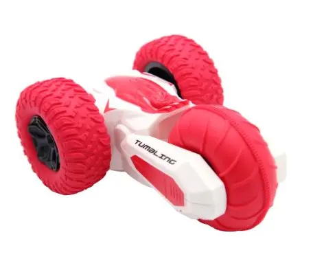 Red and white toy car with large wheels.