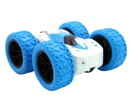 Blue-wheeled toy car with white body.