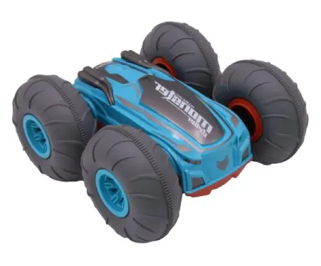 Blue toy car with large gray tires.
