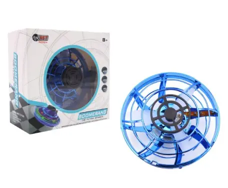 Blue boomerang flying toy with packaging.