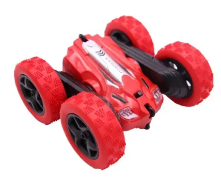 Red remote-controlled car with large wheels.