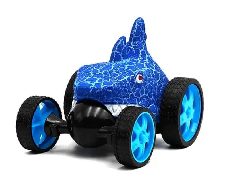 Blue shark-themed toy car with big wheels.