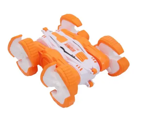 Orange and white toy car with unique wheels.