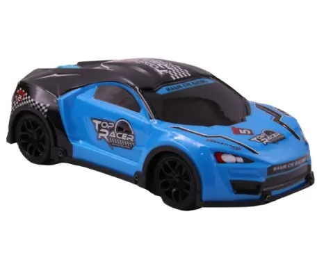 Blue toy race car with decals.