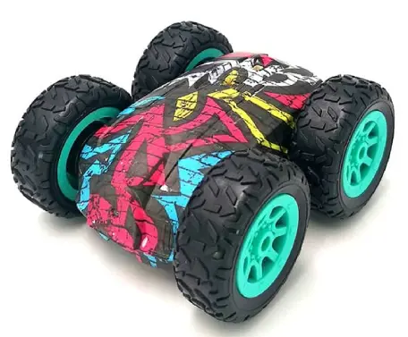 Colorful toy car with large black wheels.