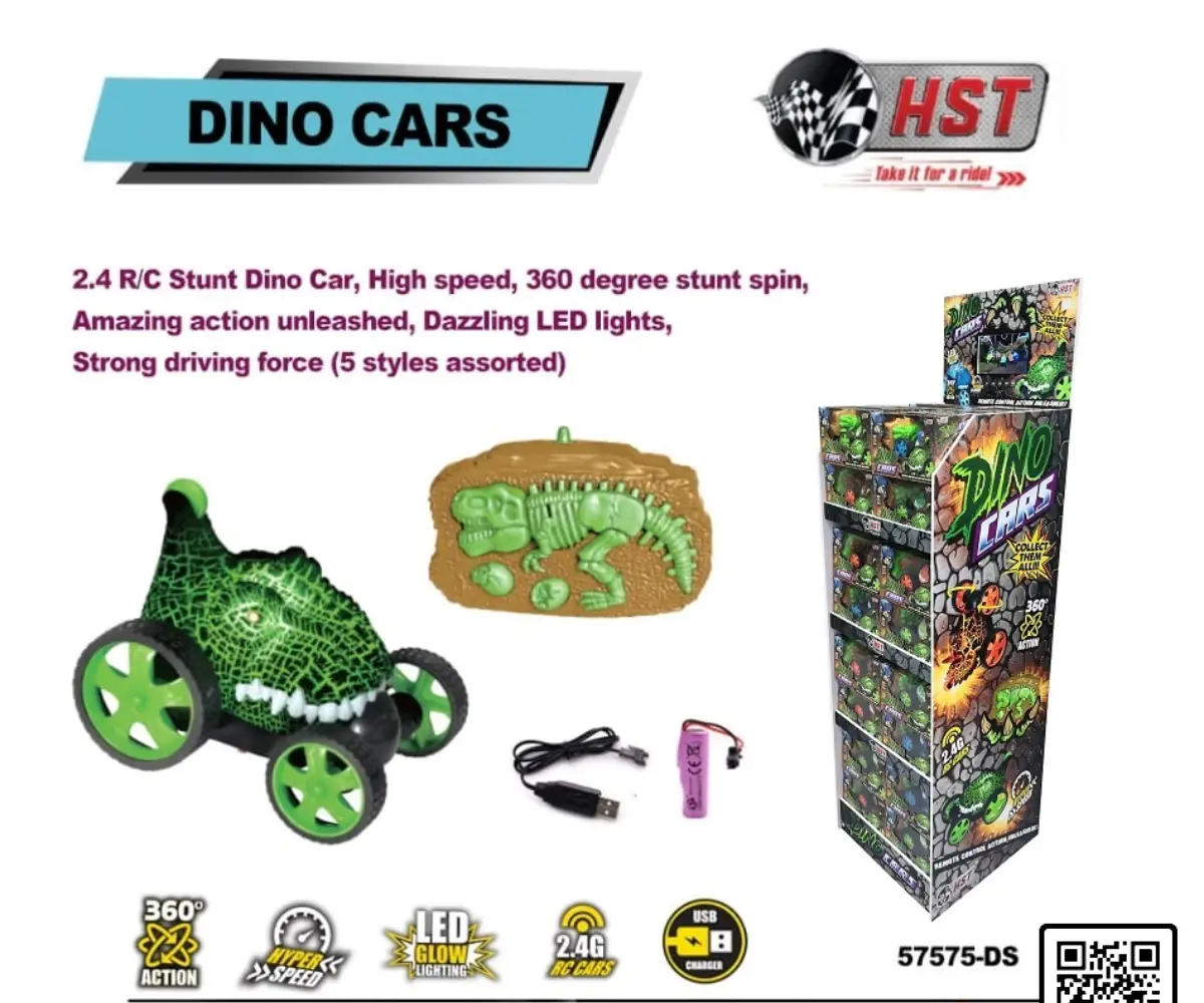 Dino-themed remote control cars and packaging.