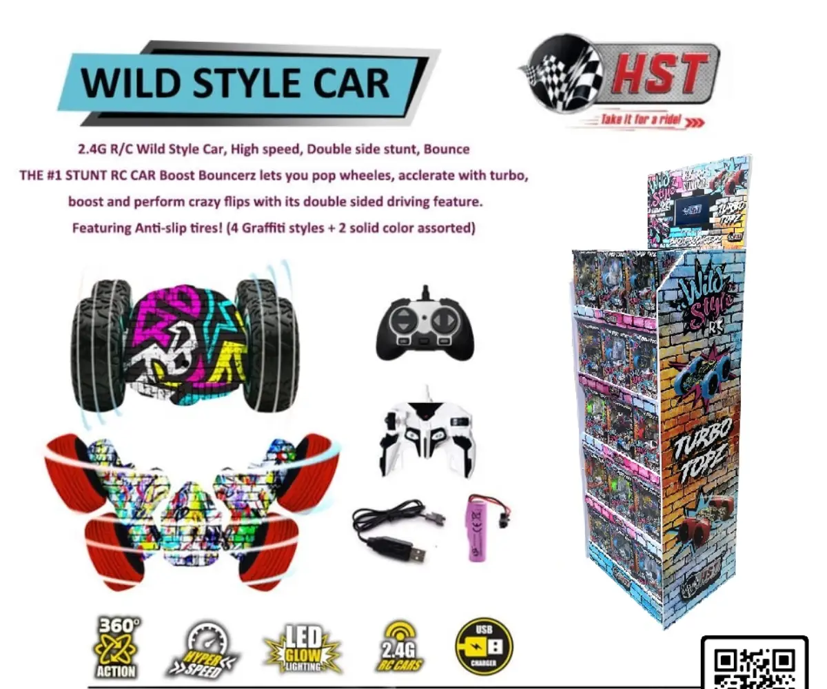 Colorful toy car and packaging display.