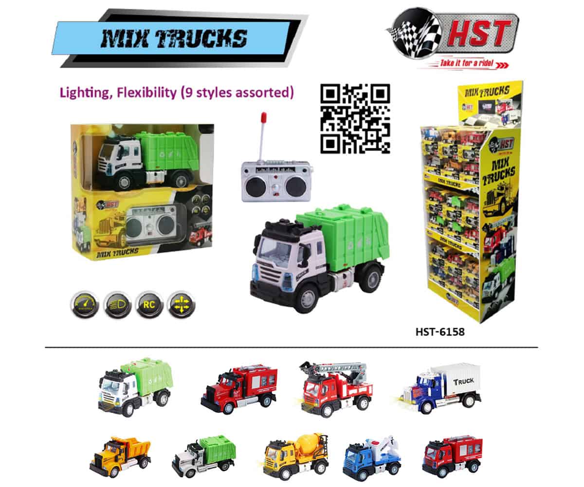 Toy trucks and packaging display with remote.